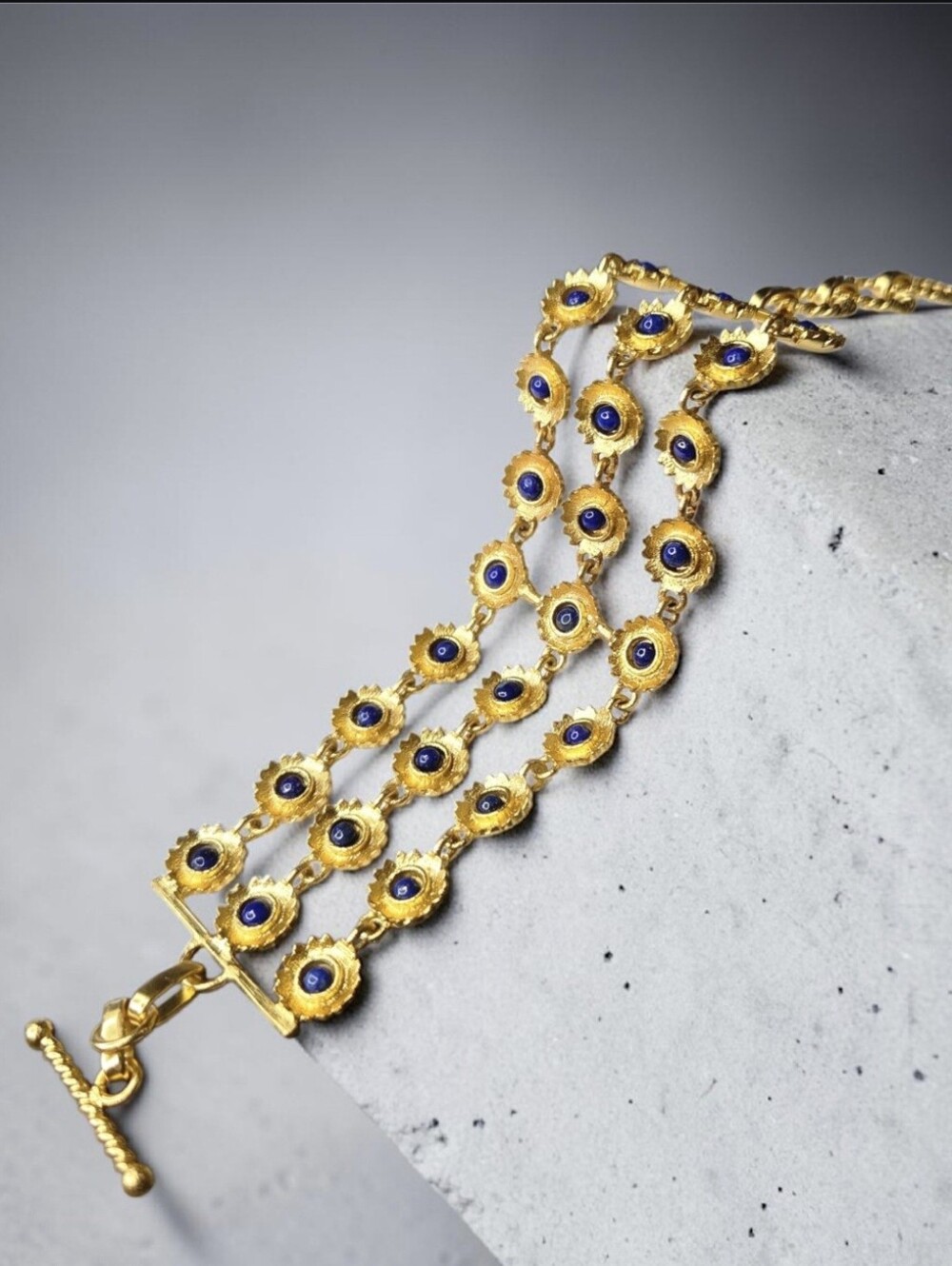 22k Gold Plated Turkish Artisan Lapis Lazuli Cupped Flower Chain Toggle Bracelet